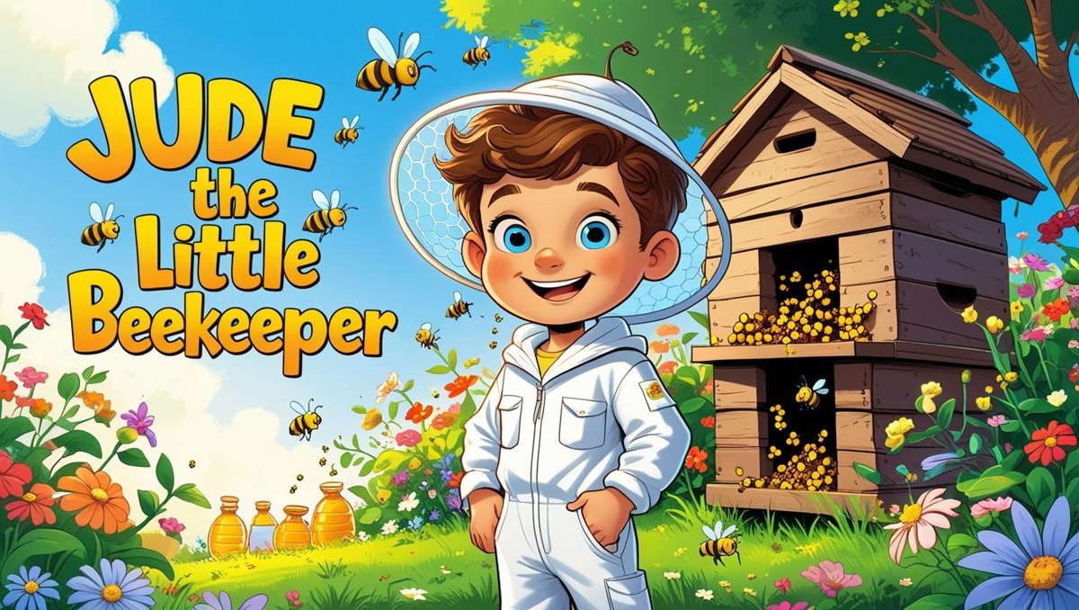 Cover of Jude the Little Beekeeper: a cartoon boy in a white beekeeper suit and veil beside a beehive, with bees and flowers